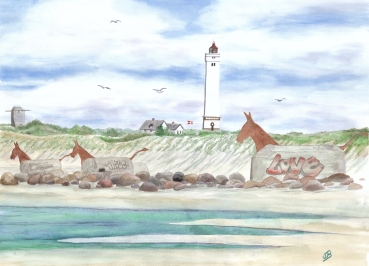 Poster DIN-A3 Aquarell Maritim Kunst Druck Kunstdruck Nordsee Dänemark Danmark  Blåvand Blavand Dünen Leuchtturm Maultiere Strand